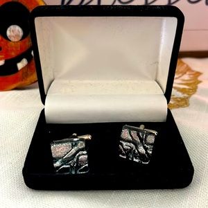 Glass cuff links with silver tone design